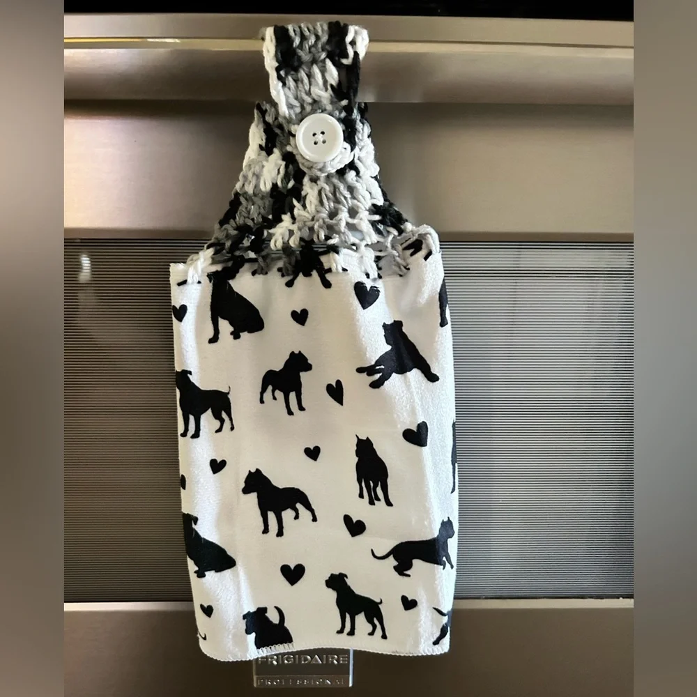 Hand Crafted Black and White Dog Pattern Pit Bull Hanging Hand Towel